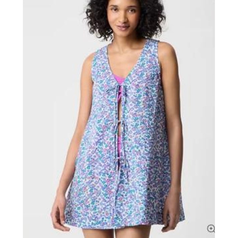 J.Crew Tie-Front Beach Cover-Up Dress Floral‎ Cotton Blue Purple Size XS